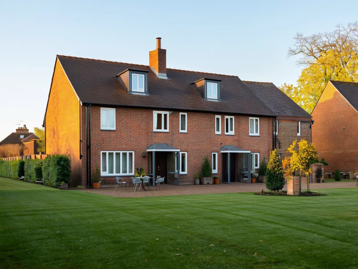 Solid brick house with a well-kept garden in morning light, symbolising secure home financing for civil servants