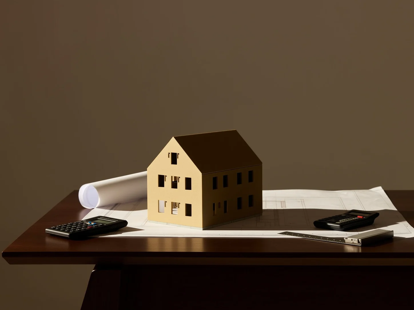 An architectural model house next to construction drawings, a calculator and a tape measure on a dark desk, representing a bank's valuation of a property
