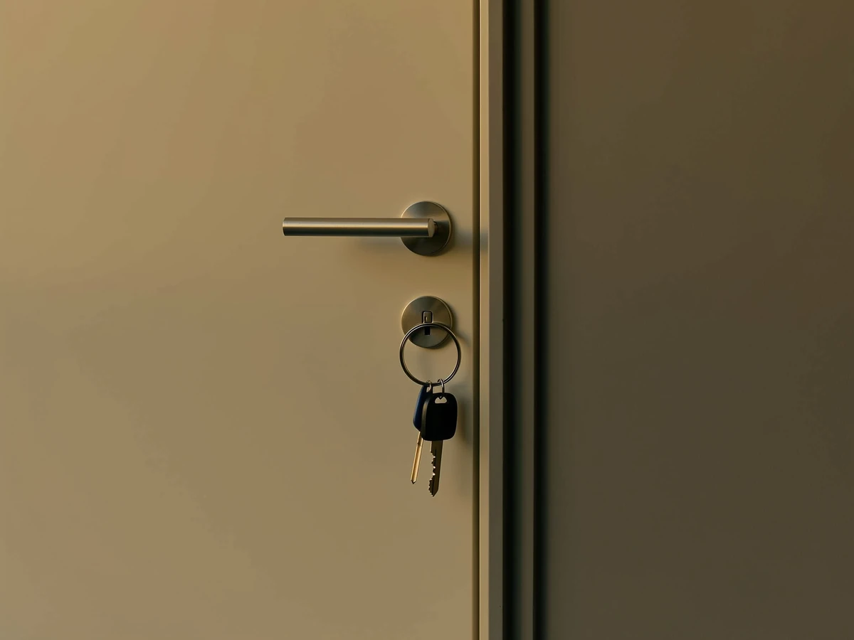 Front door of a detached house with a key in the lock, illustrating the rent-to-own purchase of a property