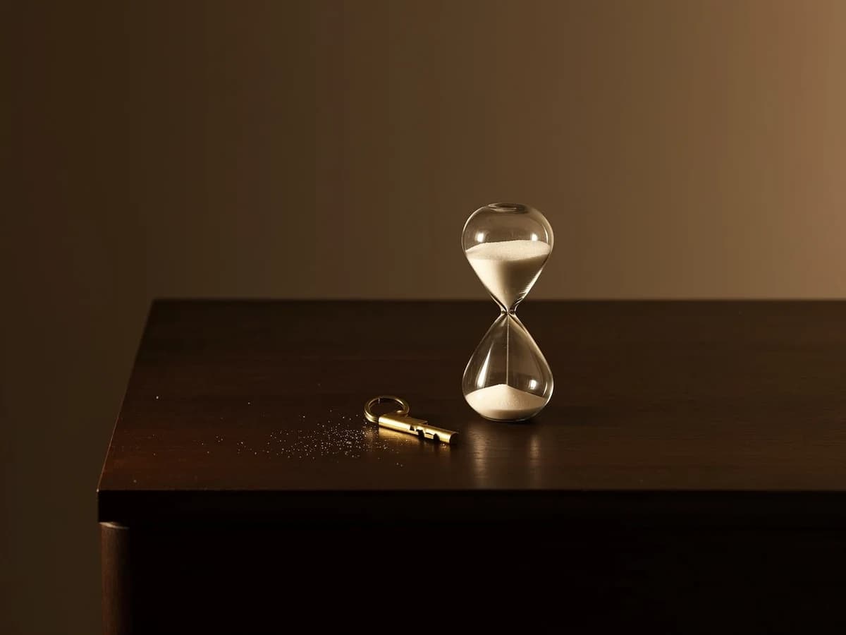 Sanduhr und Hausschlüssel auf einem dunklen Holztisch, Symbolbild für die Zehnjahresfrist beim Immobilienverkauf