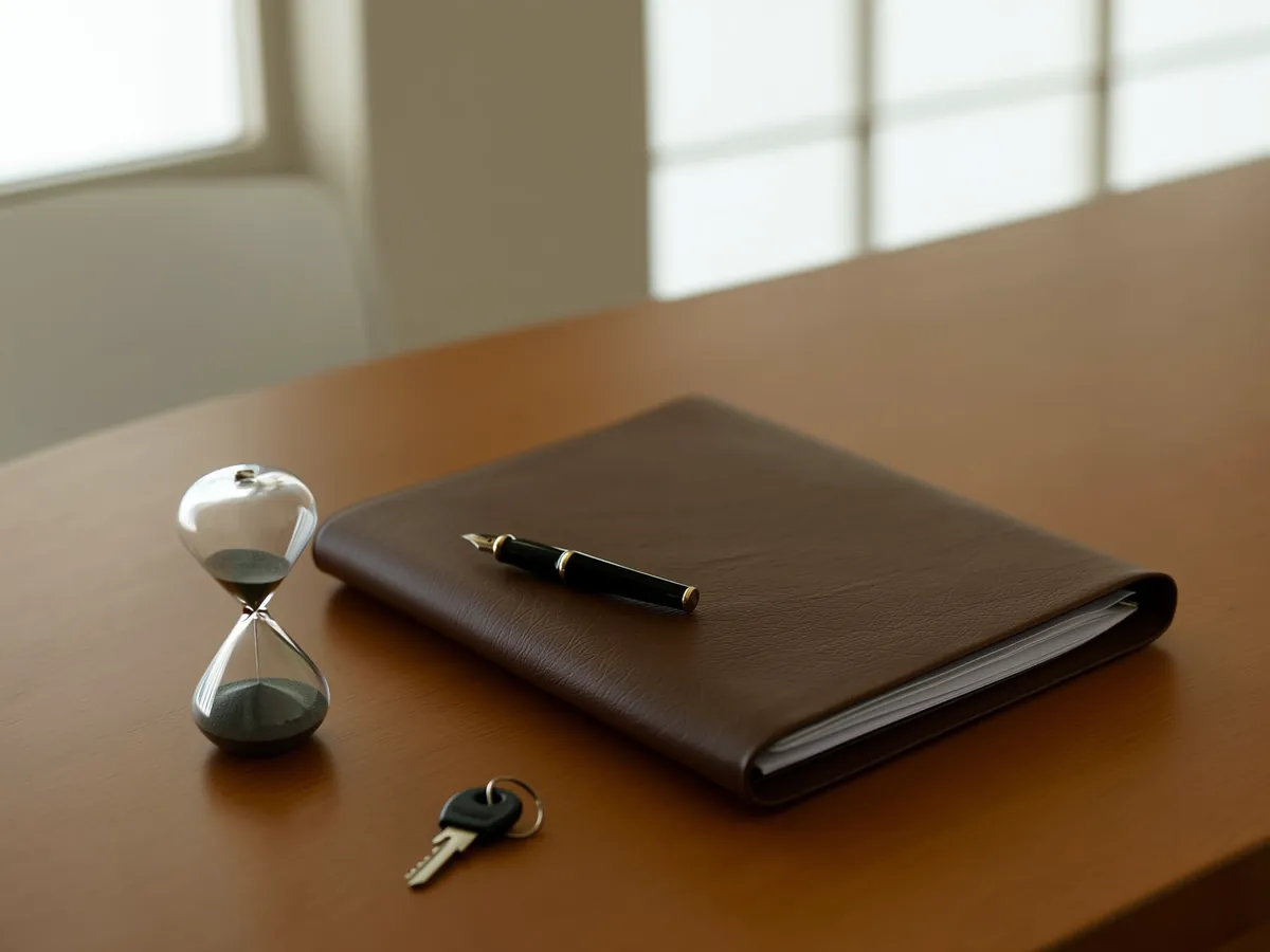 Desk with a leather folder, fountain pen, house key and hourglass, illustrating the early repayment of a mortgage