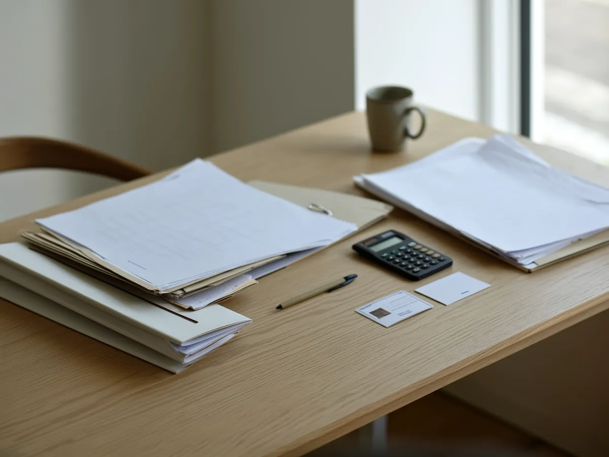 Neatly sorted folders with documents, an ID card and a calculator on a desk, symbolic image for mortgage documents
