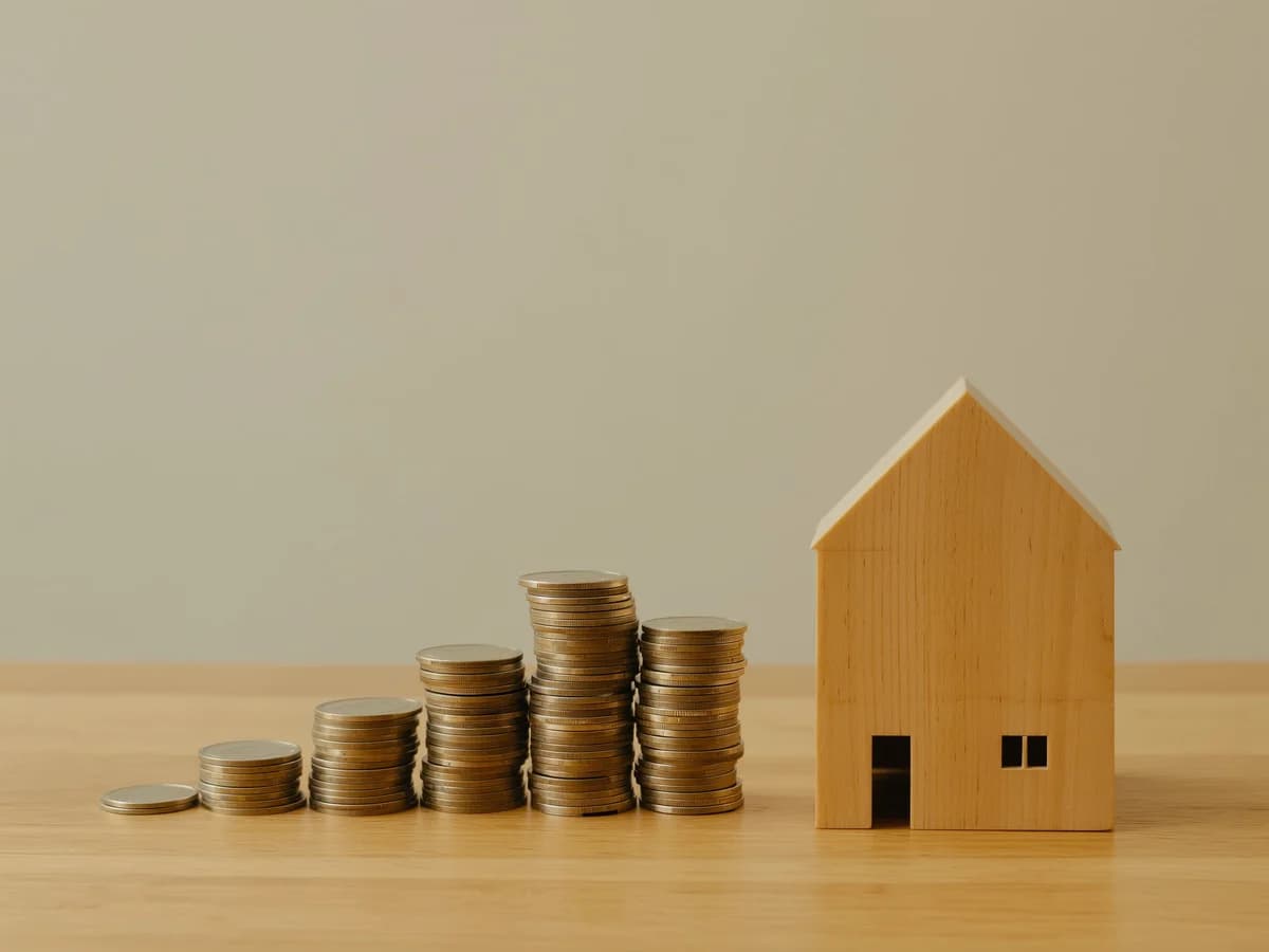Small wooden model house next to stacks of coins on a wooden table, symbolising the budget calculation for buying a home