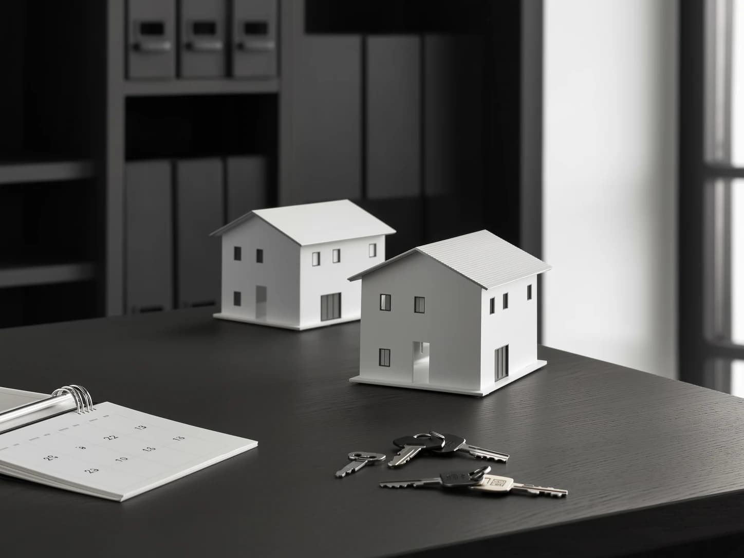 Zwei Architektur-Modellhäuser, zwei Schlüsselbunde und ein Tischkalender auf einem dunklen Schreibtisch als Sinnbild für die Zeit zwischen Immobilienkauf und Immobilienverkauf